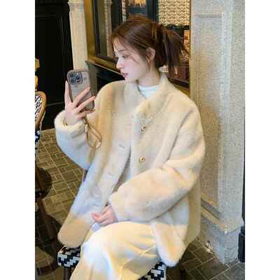 欧洲站2025年加厚水貂绒皮毛一体毛外套女短款羊羔毛立领皮草大衣