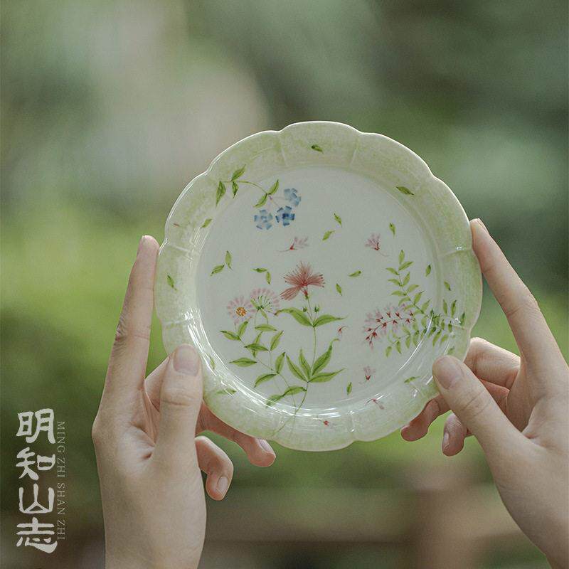 明知山志 果青末摘花夕颜壶承 手绘花边干泡壶承功夫茶具茶道配件