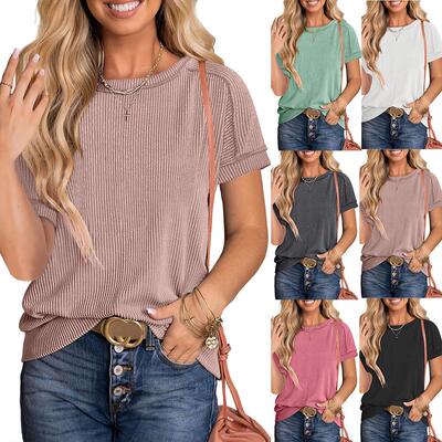 Women's Summer Ribbed Texture Knit T-Shirt Round Neck Loose