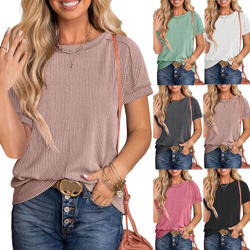 Womens Short Sleeve Crewneck Shirts Ribbed Knit High Low Hem