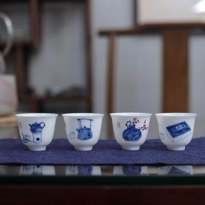 陶瓷茶具釉下青花瓷纯手绘清供图功夫茶杯铃铛杯品茗杯小杯子茶碗