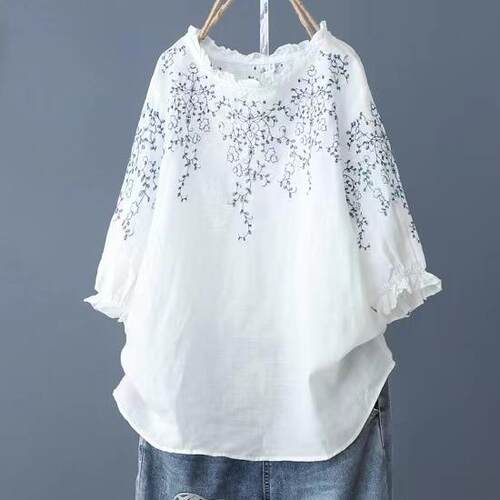 Embroidered lantern sleeve cotton top, floral cotton