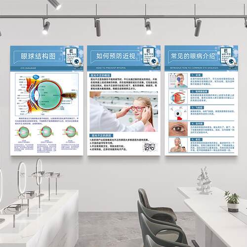 眼科眼球结构解剖眼镜店挂画广告海报验光流程图墙贴配镜宣传装饰