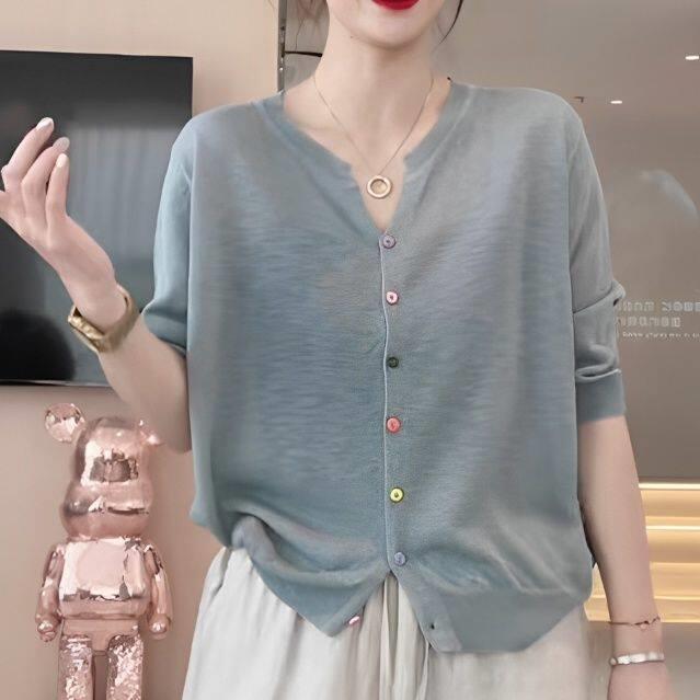 彩色纽扣V领针织开衫女士春夏季宽松减龄大码洋气长袖上衣可外穿