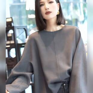 简约灰色圆领宽松长袖 春夏高端轻奢大码 韩版 新款 T恤0319z 女装