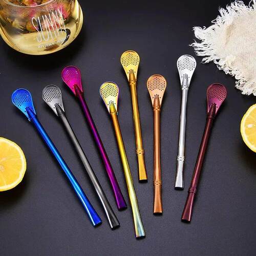 Colorful 304 Stainless Steel Tea Drinking Straws Spoon Mate