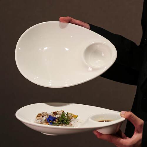 JM 10寸水饺盘带醋碟 陶瓷凉菜盘虾盘水饺专用盘自带蘸料碟餐盘