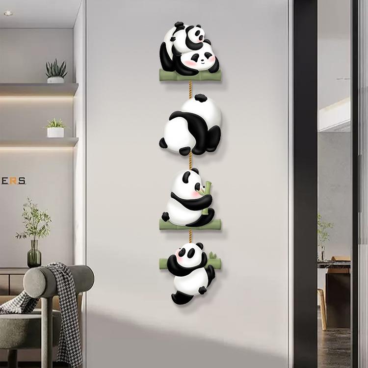 创意新款熊猫玄关装饰画客厅电视背景墙竖版组合画走廊挂画餐厅画