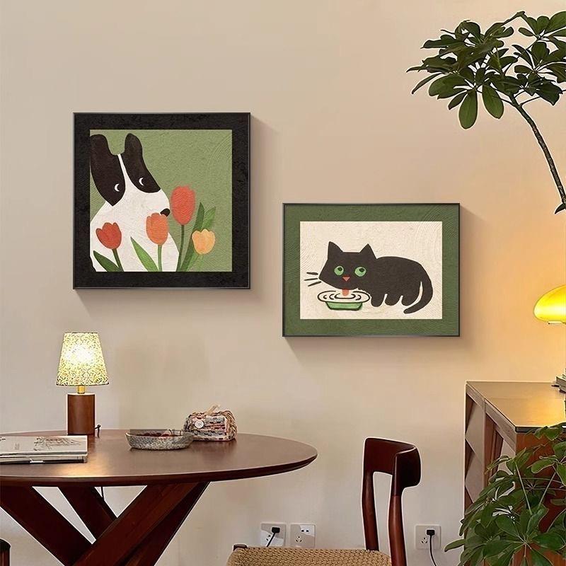 中古饭厅装饰画画多巴胺卡通动物饭厅墙面挂画画覆古小众艺术卧室图片