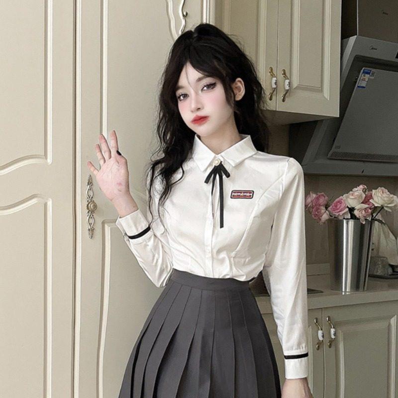 秋季制服长袖衬衫女装班服学院风减龄百搭白色衬衣修身别致上衣