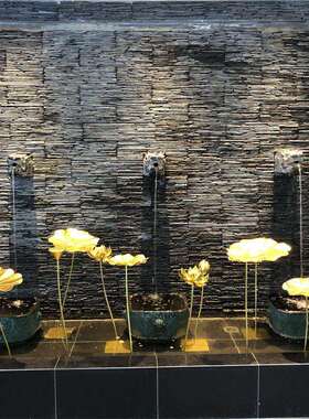 新中式室内水池金色水幕墙摆件装饰荷花景观莲花铁艺荷叶金属水景