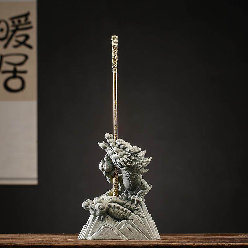 创意国潮如意金箍棒神龙座青砂石复古盘龙鱼缸造景办公室桌面装饰