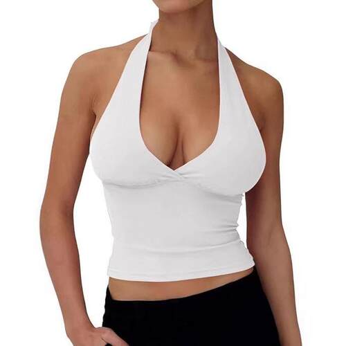Sexy Deep V Neck Halter Crop Top for Women – Black Slim Fit