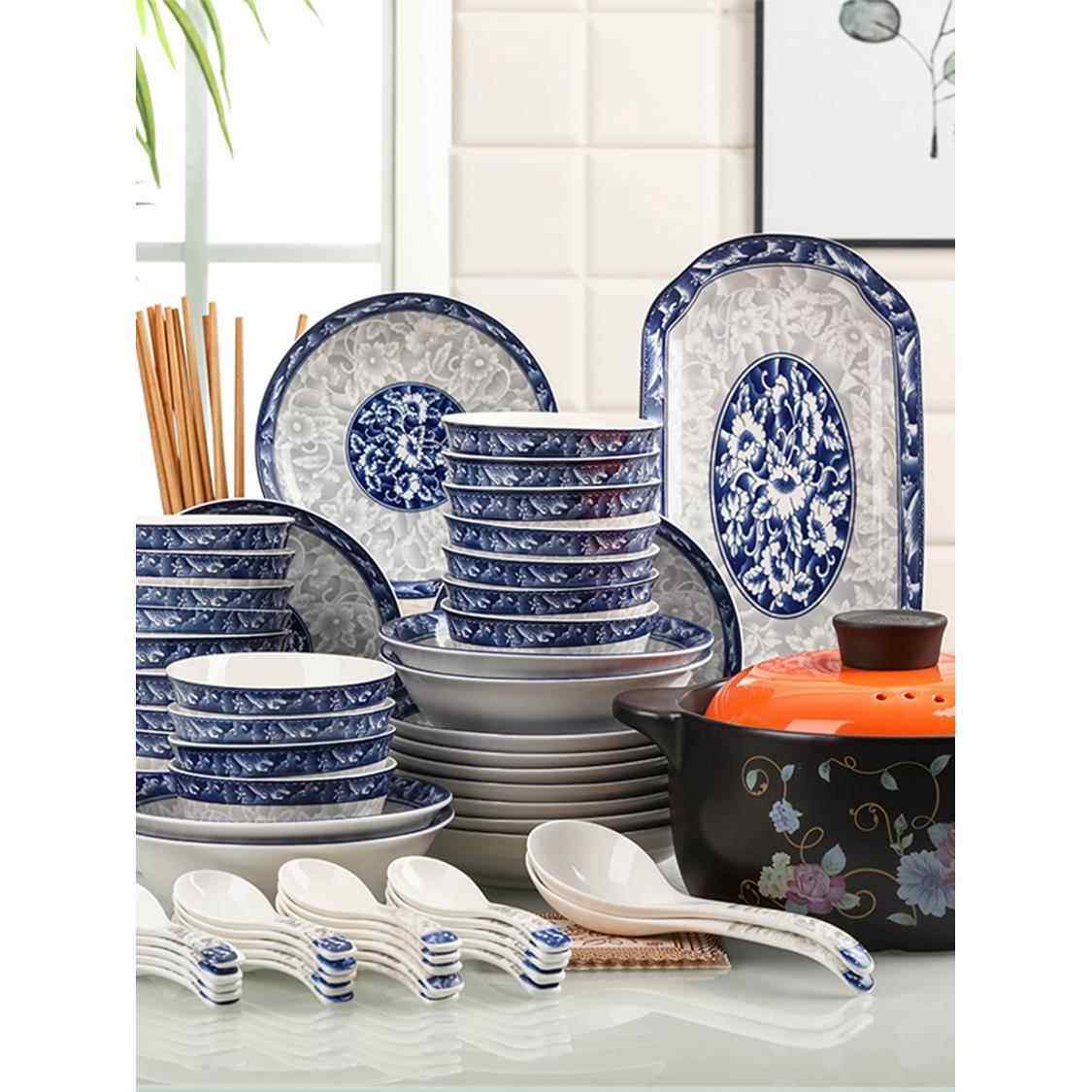 碗碟套装家用78件青花瓷碗鱼碟子组合餐具中式碗盘10人用创意碗筷