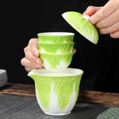 百财便携旅行茶具陶瓷白菜快客杯一壶三杯出差旅游茶具茶壶茶杯