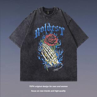 TKPA哥德式玫瑰骷髅印花重磅小领口短袖T恤男女欧美高街半袖tee恤