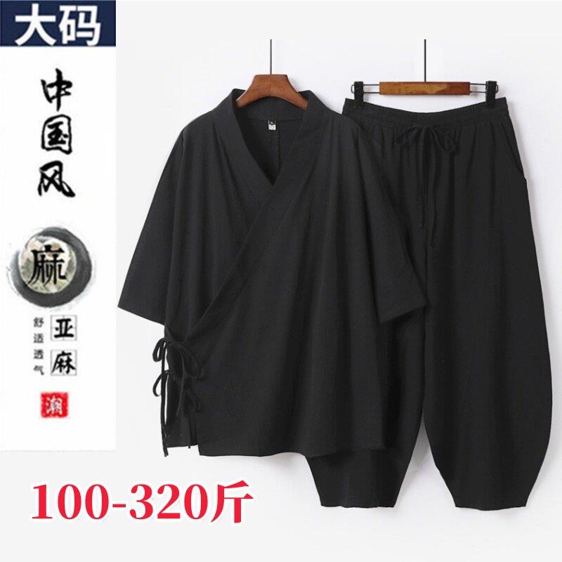 中国风覆古棉麻七分袖斜襟改良汉服道袍大尺码中式太极居士服禅服
