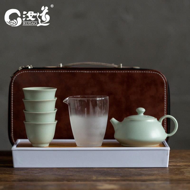 汝窑旅行茶具茶盘套装便携式一壶四杯开片汝瓷车载陶瓷泡茶器
