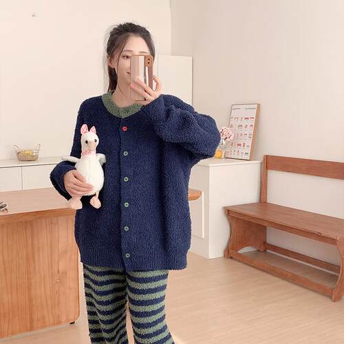 韩版开衫条纹半边绒睡衣女冬季新款加厚保暖软绵绵家居服套装