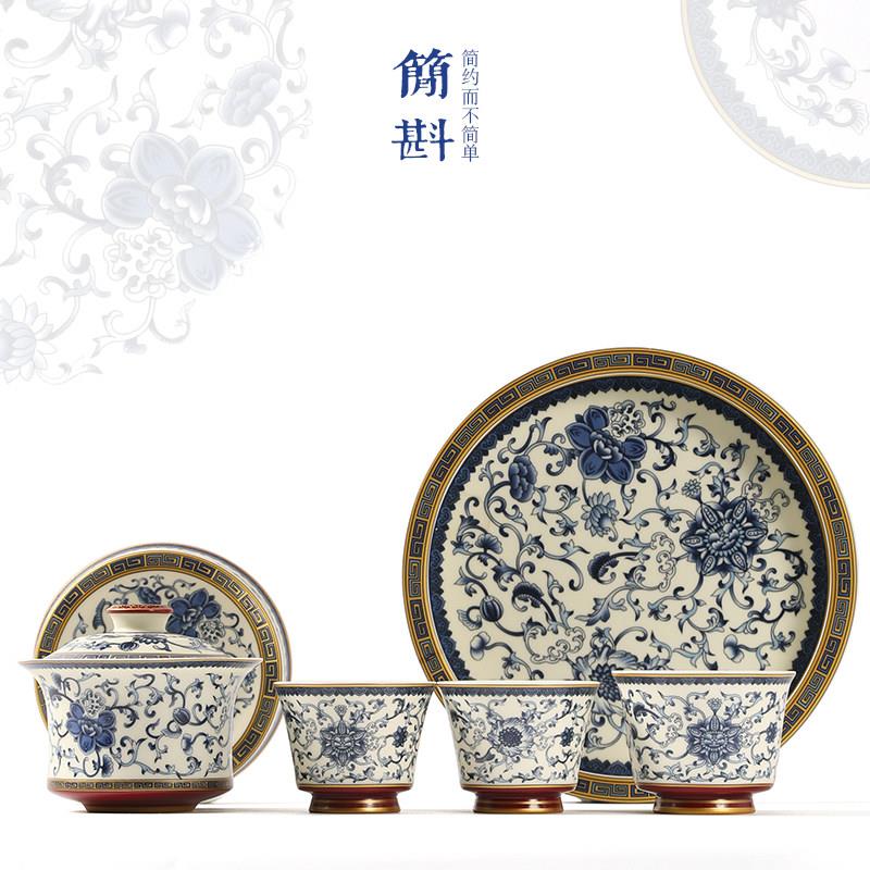 盖碗茶杯茶具套装陶瓷青花功夫茶高颜值泡茶可悬停高档青花瓷茶碗