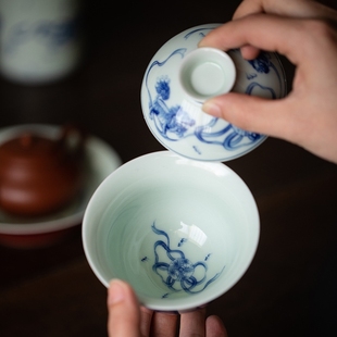 仿古斗彩釉中青花龙凤二才盖碗陶瓷单个泡茶碗茶杯釉里红功夫茶具