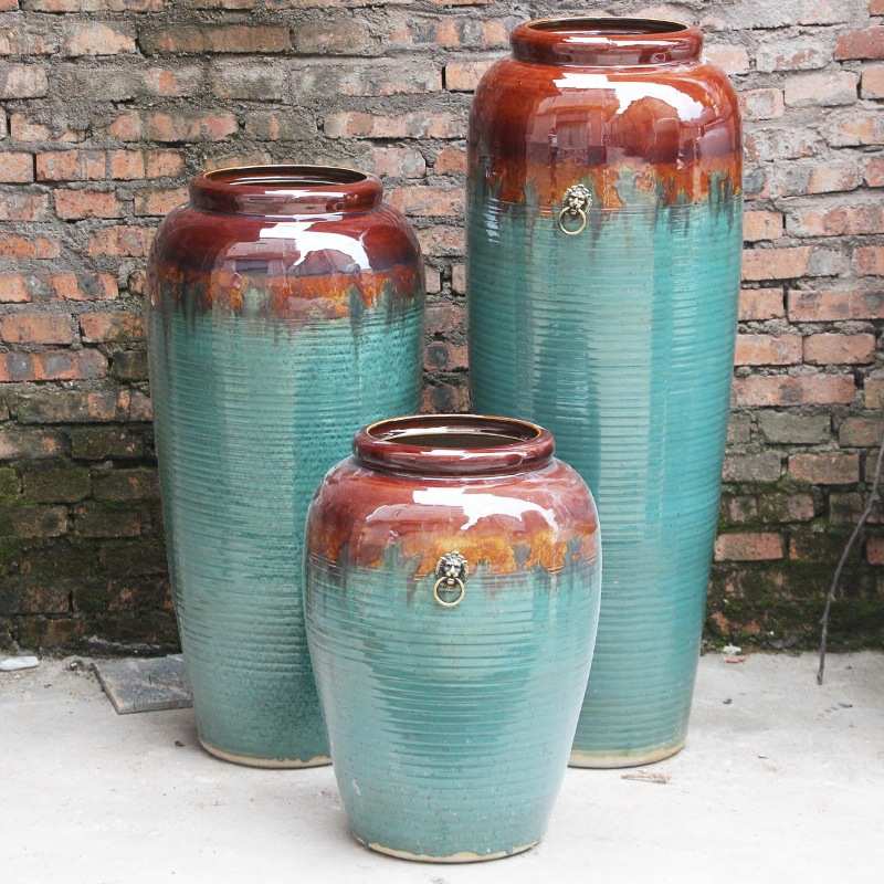 景德镇粗陶落地大花瓶陶罐三件套颜色釉会所别墅酒店软装饰厂家