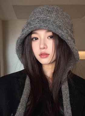 大头围针织帽子女款2026新款冬保暖护耳绑带毛线帽显脸小韩0117k