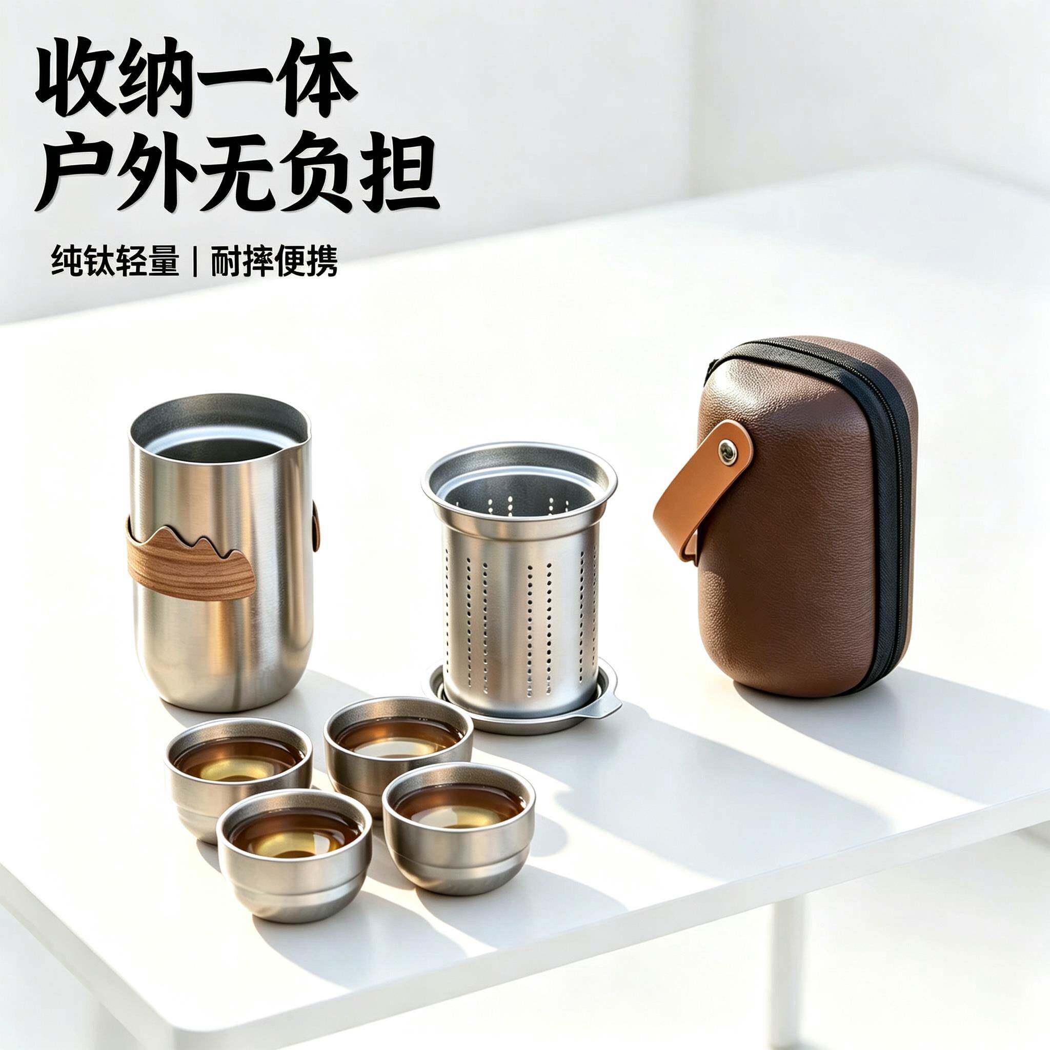 纯钛旅行茶具套组可携式快客杯一壶四杯收纳一体户外露营泡茶杯子