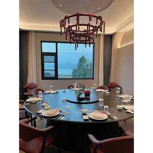 现代酒店大圆桌电动餐桌岩板会所饭店20人带转盘火锅桌电磁炉一体