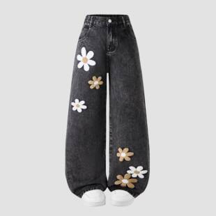 Teenagers Youth Loose Floral Embroidery Washed Design