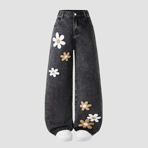 Spring Summer Girls' Floral Jeans 3D Flower Embroidery Loose