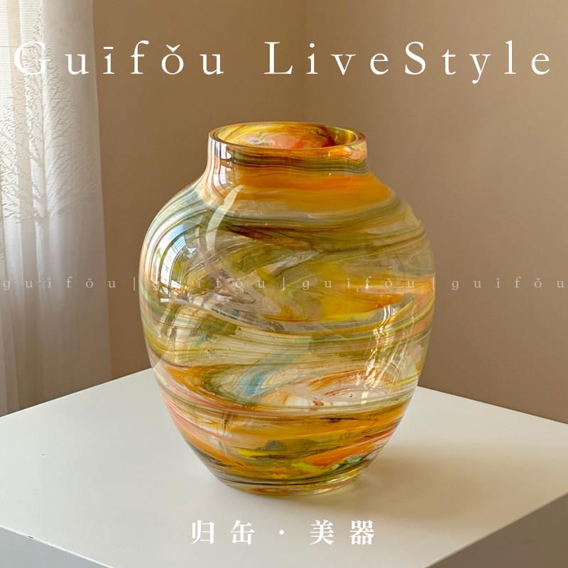 归缶新中式壁画 画轻奢高级感琉璃玻璃新家花瓶设计感小众客厅插