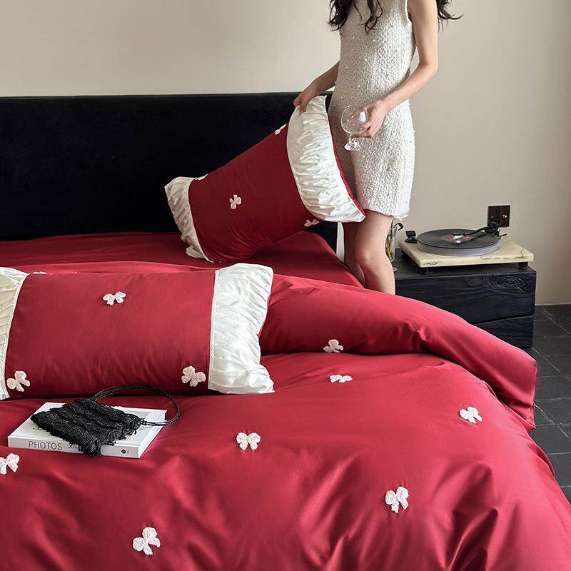 少女心100支长绒棉全棉婚庆四件套纯棉蝴蝶结喜被套床笠床上用品