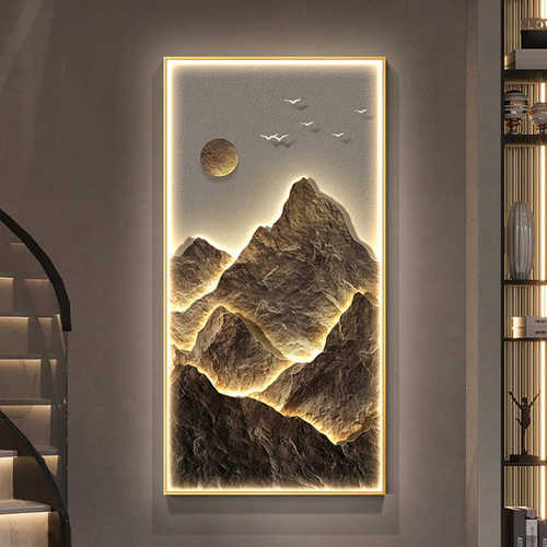 现代轻奢入户玄关装饰画日照金山发光壁灯画靠山走廊过道山水挂画