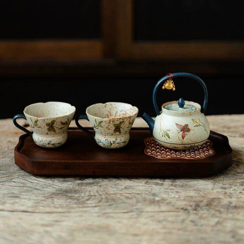 中式纯手绘蝴蝶兰花陶瓷一壶二杯茶盘功夫茶具家用茶壶茶杯干泡盘
