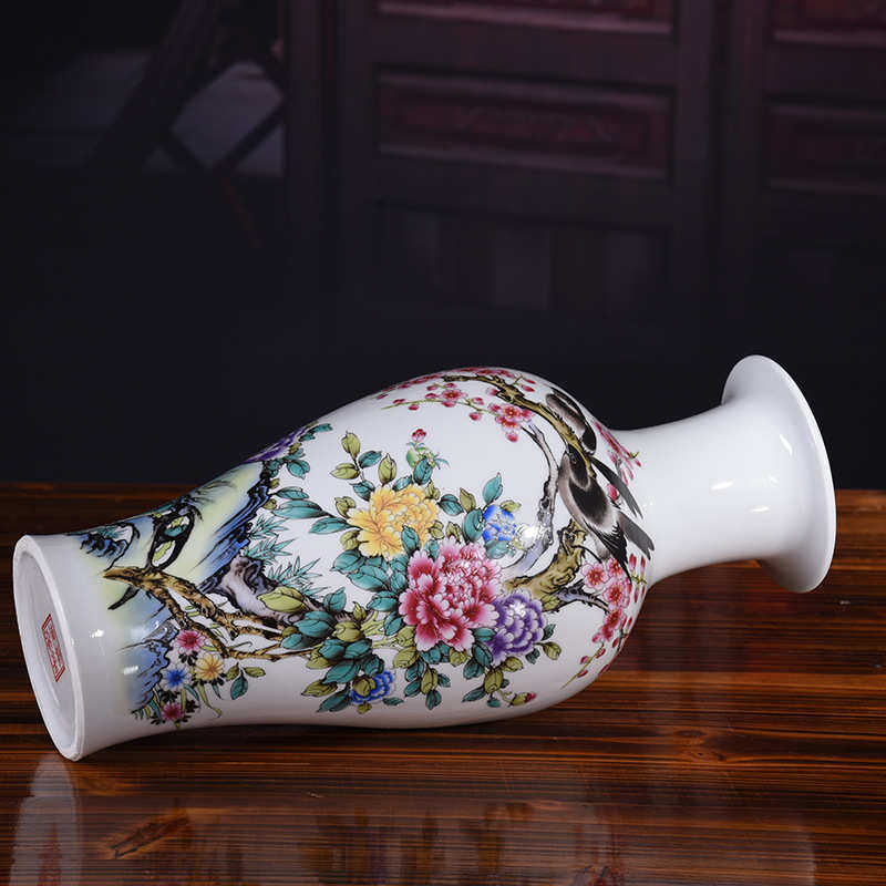景德镇工艺品花瓶批发 粉彩大号鱼尾瓶鸟语花香 中式古典花瓶摆件