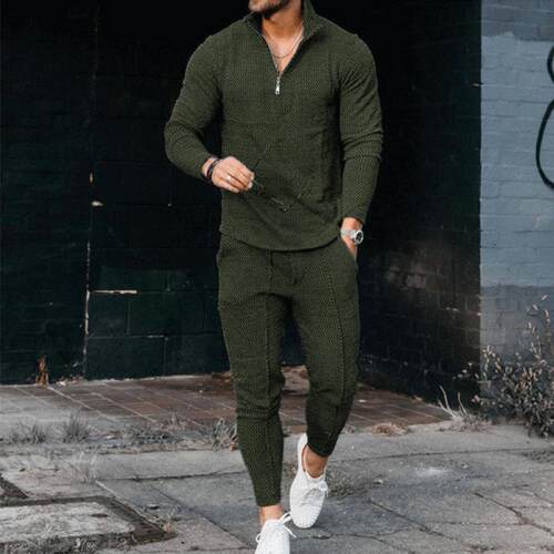 Solid casual zipper lapel long sleeved set男纯色拉链翻领套装
