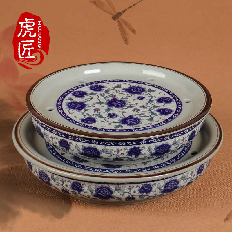 景德镇陶瓷茶盘储水式家用圆形大号托盘 茶海茶船 复古青花瓷茶具