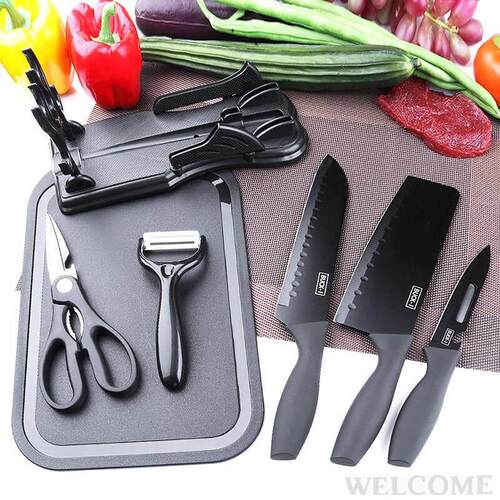 Black steel kitchen knife cutting board set Kitchen