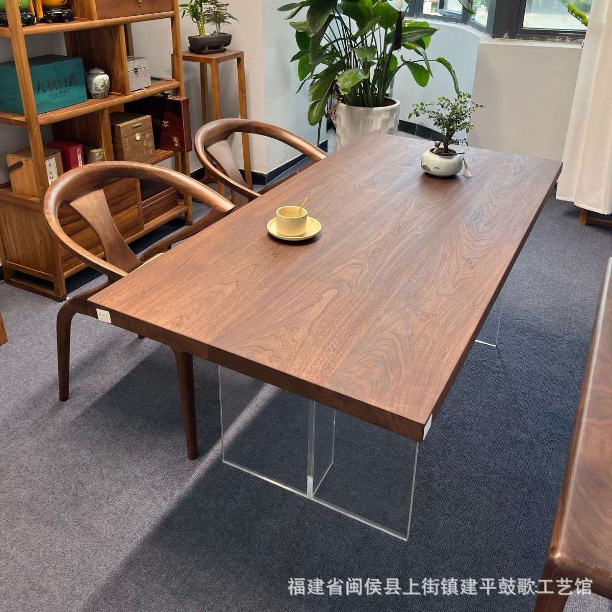 北美胡桃木色实木大板桌茶桌南美雨木原木餐桌客厅复古法式整板桌