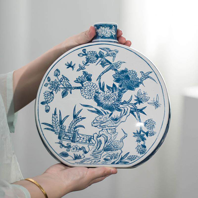 雨彤新品新中式花瓶玄关摆件青花瓷水墨彩瓷花瓶摆件高级感可水培