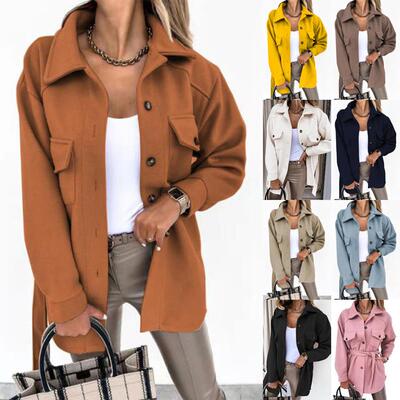 Women's long sleeved lapel tied woolen coat