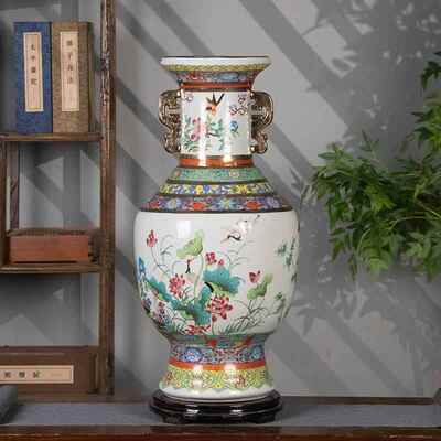 景德镇瓷古粉彩彷大号双陶古耳花瓶客厅玄关博架中式HP0532装饰收