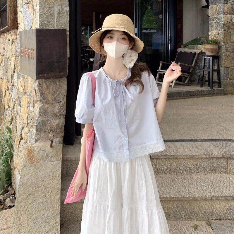 法国Rixo Kelly气质舒适短款上衣多巴胺娃娃衫短袖小个子百搭套装