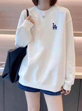 白色圆领套头厚棉T女秋冬季韩版宽松显瘦加绒中长版百搭长袖上衣