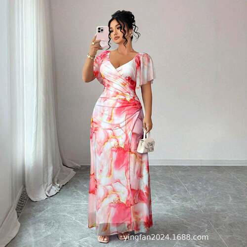 Plus Size Women's Oil Painting Print Asymmetrical Skirt Set