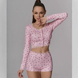 neck round tops shorts clothes Set home