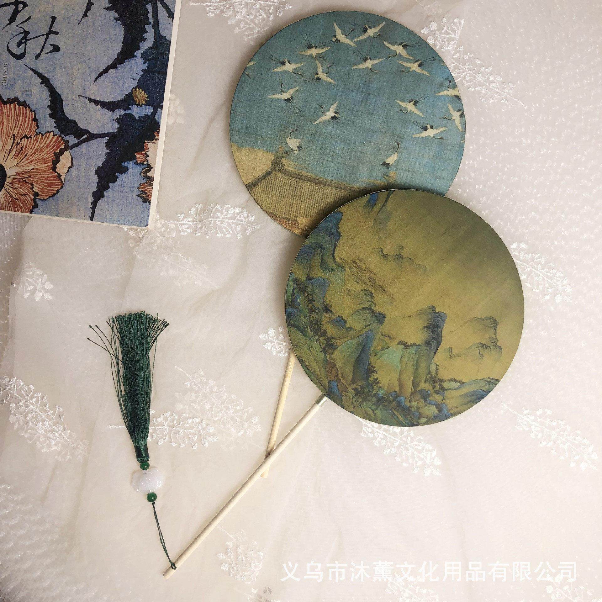 古风长柄团扇流苏跳舞蹈汉服拍摄道具宫扇古典扇圆瑞鹤扇
