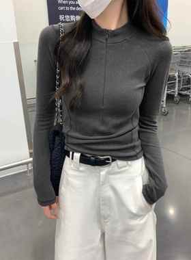 灰色半高领德绒T恤女春秋季韩版半拉炼设计感鱼骨长袖修身上衣