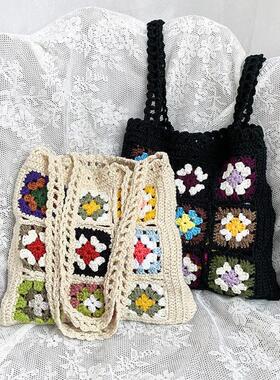 Women Boho Woven Tote Summer Beach Handbag Floral Handmade W